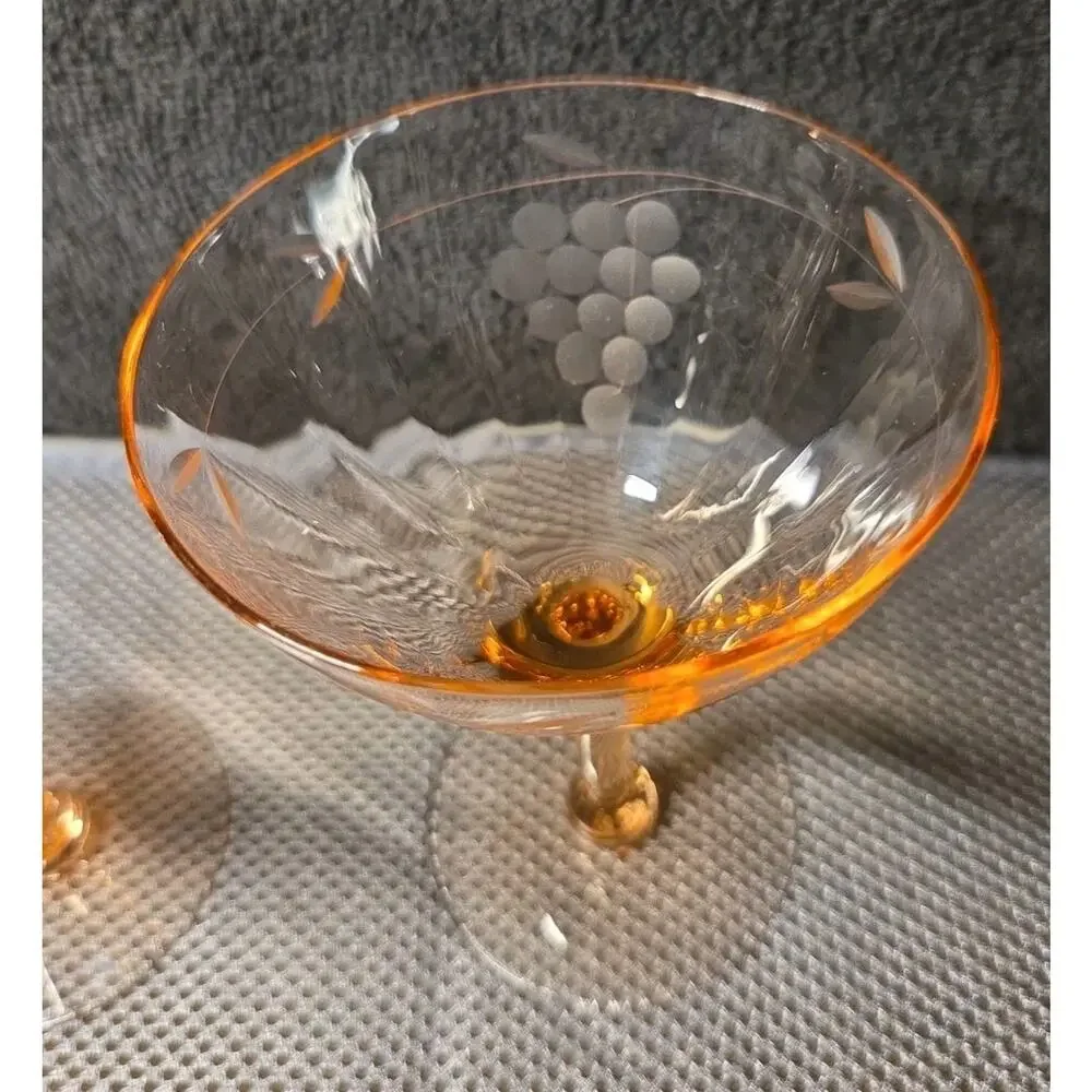 Set Of 2 vintage pink martini glasses delicate etched grape motifs 5
